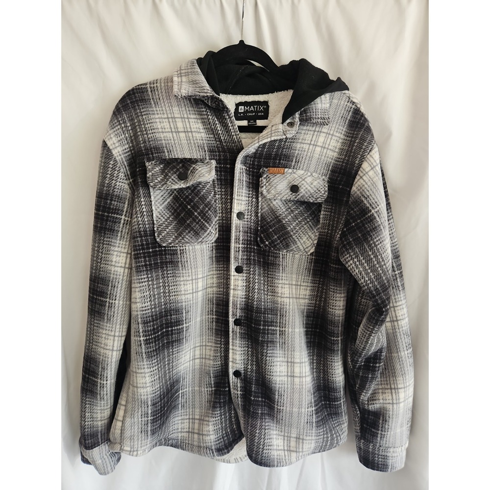 Matix Men's Small Sherpa Lined Hooded Flannel Jacket Black White Plaid Shacket